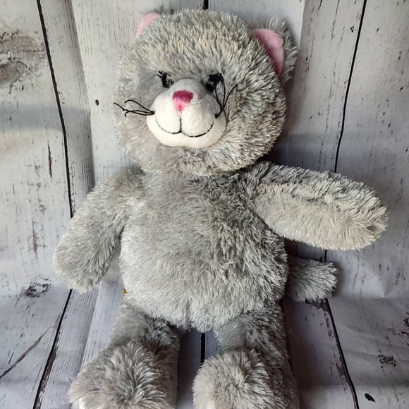 Build A Bear Grey Kitty Cat Stuffed Animal Plush 17" BABW Pink Nose Ear - Picture 2 of 10